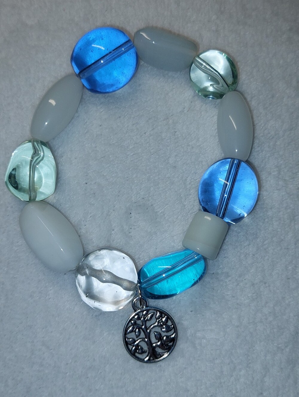 Glass Beaded Blue & White Stretch Bracelet with Tree of Life Charm